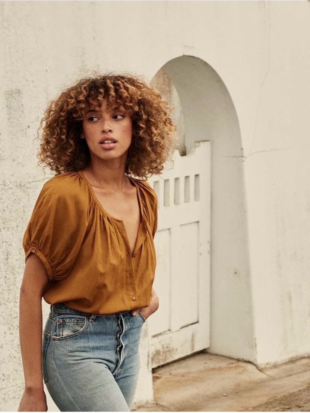 Doen June Top Foxtail 🦊 Short Puff-Sleeve Button Blouse
